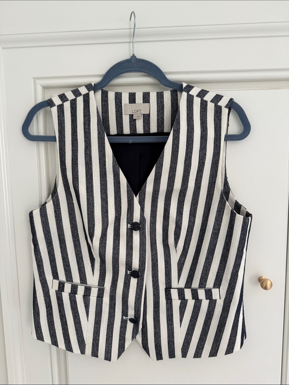 LOFT Navy and White Vertical Stripe Vest